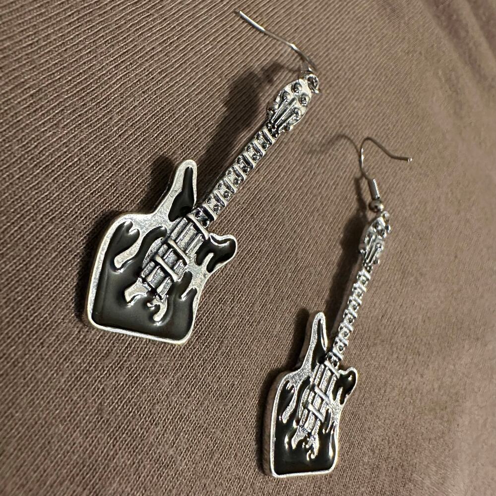 Grunge Punk Black and Silver Tone Guitar Style Earrings